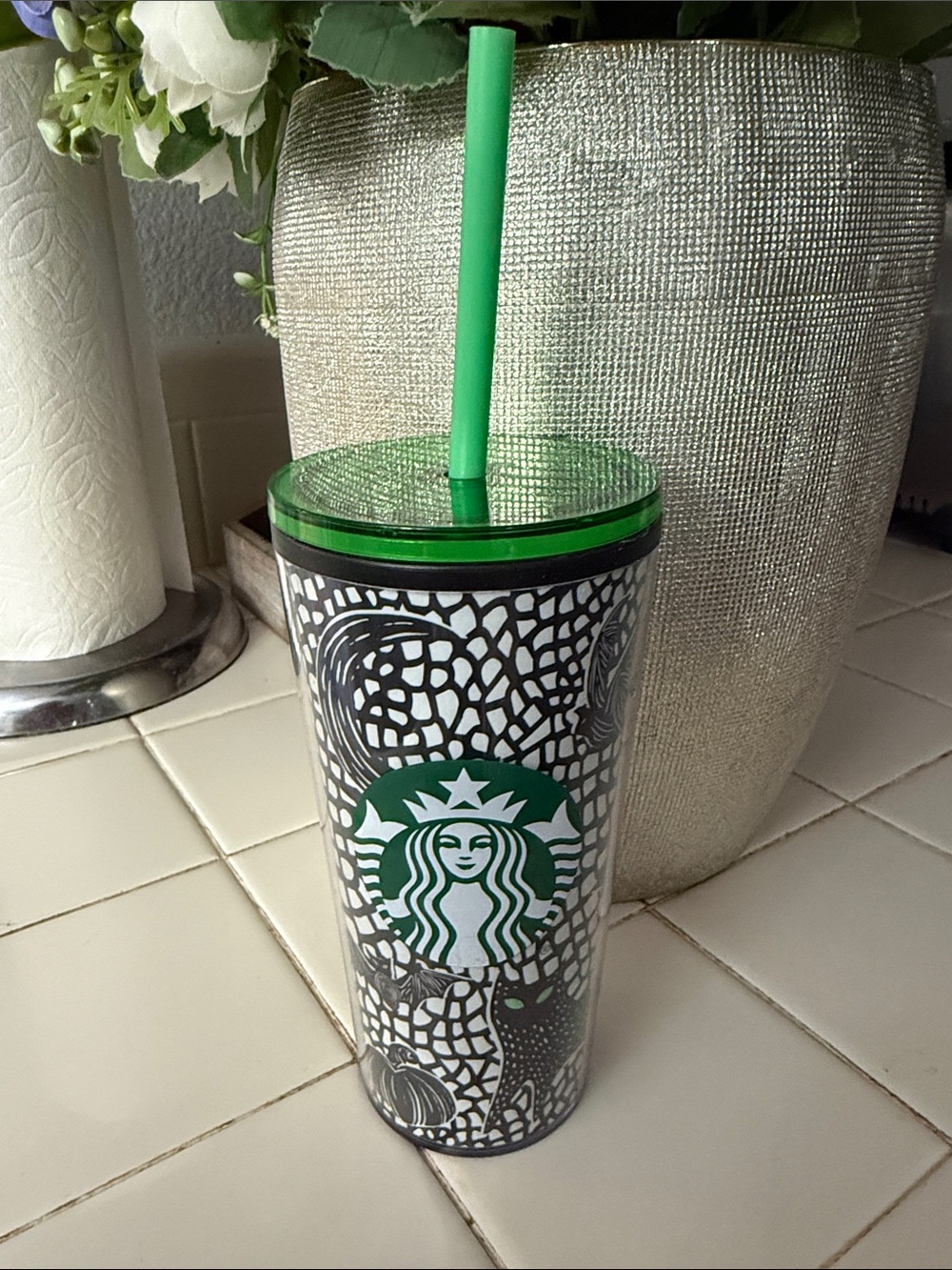 Starbucks Black-and-Green Mosaic Logo Cold Cup with Straw